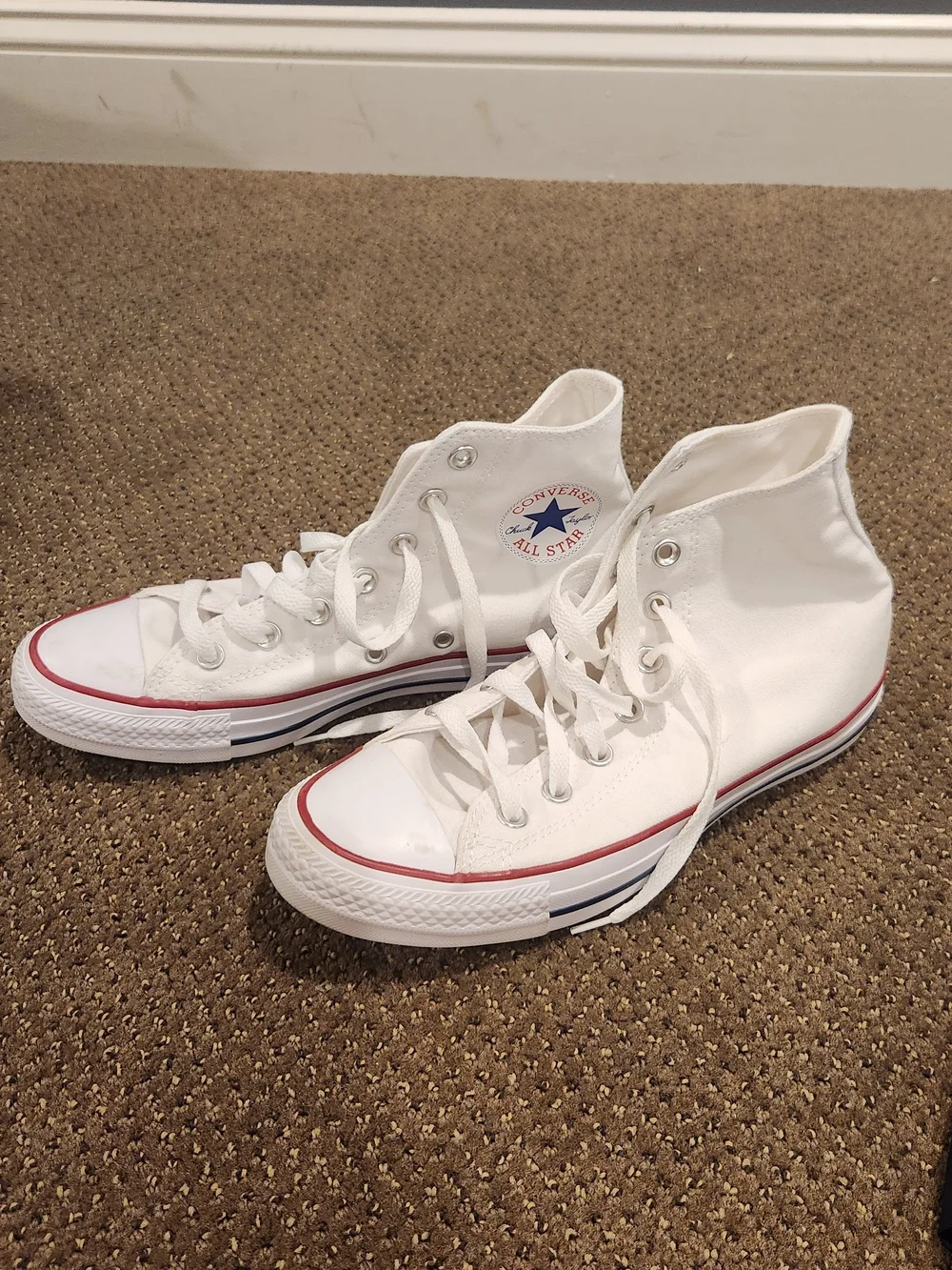 Converse White High Top Sneakers with Red & Blue Trim